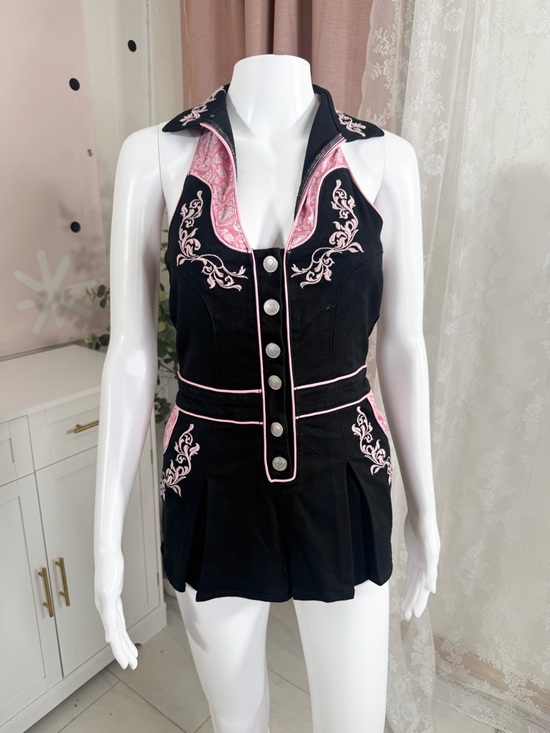 Sugar Thrillz Pants - Sugar Thrillz Black & Pink Embroidered Halter Romper Bin#5